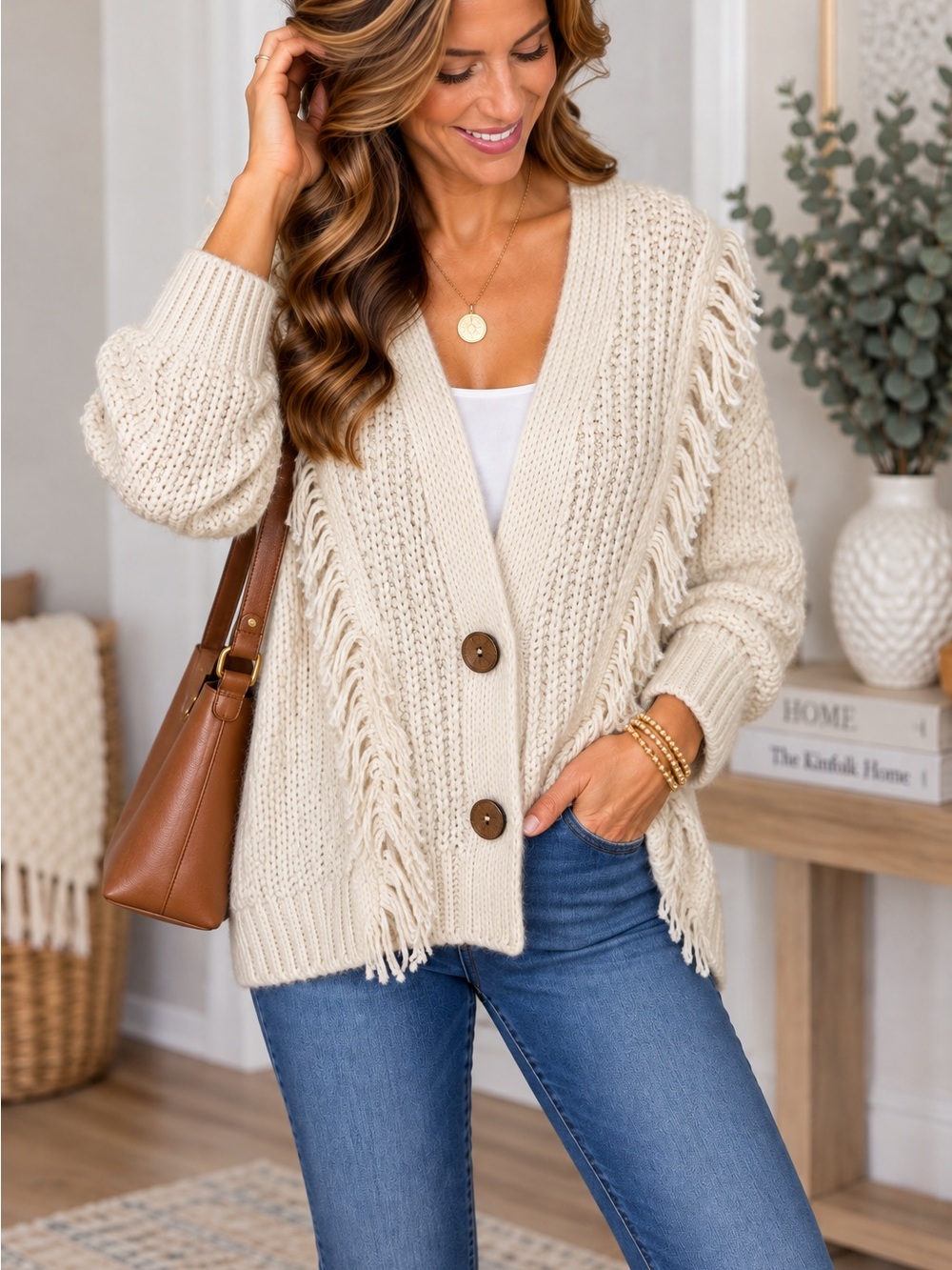 a.n.a Cream Fringed Button-Front Cardigan